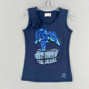 Lanvin Petite Size P2XS Elephant Print Tank Top Blue Cotton Silk - Picture 1 of 12