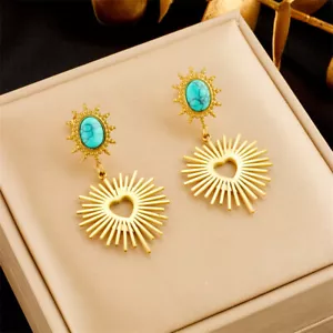 Women Turquoise Sun Heart Dangle 18K Gold Plated Stainless Steel Stud Earrings - Picture 1 of 3