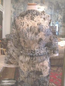 3yds FRENCH PRINTED LACE OFF WHT MUTED BLUE TAUPE ABSTRACT FLORAL SEQUIN ACCENT - Picture 1 of 12