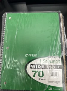 TOP FLIGHT GREEN Notebook 70 Sheets 1 Subject 10.5" X 8" School Pack Of 12 - Picture 1 of 3