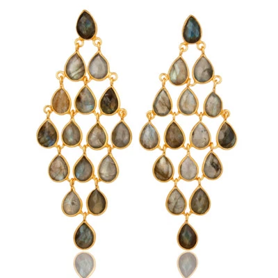 Labradorite Gemstone 925 Silver Gold Plated Handmade Chandelier Earrings - Image 1 of 2