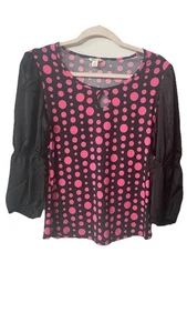 Cato Black Pink Polka Dot Top Balloon Sleeve Keyhole Blouse Womens M - Picture 1 of 9