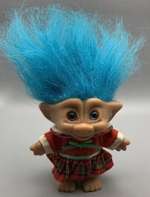 Винтажная кукла Ace Novelty Troll Gem голубые волосы, драгоценные камни и глаза, рождественский наряд в клетку - Изображение 1 из 4