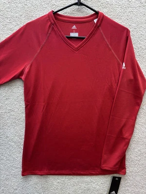 Adidas Shirt Women Small Power Red LS CLIMALITE Running V Neck Base Layer NEW - Image 1 of 4