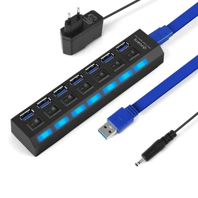 Hub USB Alimentato 7 Porte (1 USB 3.0 6USB 2.0) Con Interruttori Individuali e - Immagine 1 di 4