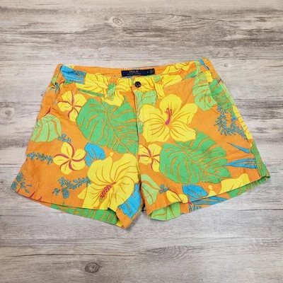 Pantalones Cortos Polo Ralph Lauren Para Mujer 2 Naranja Mezcla de Lino Hawaiano Floral Hibisco Foto 1 de 4