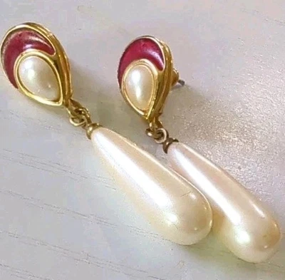 Pendientes De Colección Tono Dorado con Esmalte Rojo Perla Imitación Cuelga Lágrima Gota Navidad  Foto 1 de 3