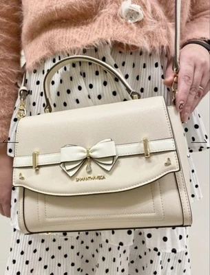 Samantha Vega Off White Bicolor Accent Ribbon Shoulder Bag with Mini Pouch - Image 1 of 4