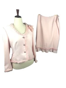 Nipon Boutique Pink Ruffle French Suit Skirt Set Rhinestone Ruffle Blazer 12 - Picture 1 of 10
