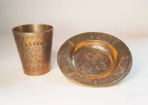Vtg engraved India brass pin dish 9cm & Devon souvenir Lassi cup 5.5cm - Picture 1 of 19