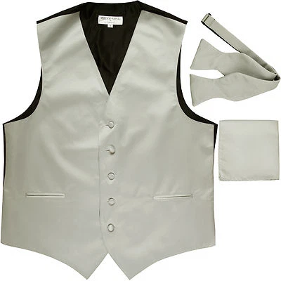New Men's Silver formal vest Tuxedo Waistcoat self tie bow tie and hankie set  - Image 1 of 4