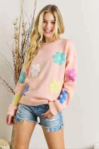 ADORA LA FLOWER POPPED SWEATER TOP BLUSH SIZE LARGE BRAND NEW SPRING 2024 - Picture 1 of 3
