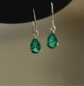 Vintage Dainty Teardrop Green Emerald Sterling Silver Claw Post Dangle Earrings - Picture 1 of 5