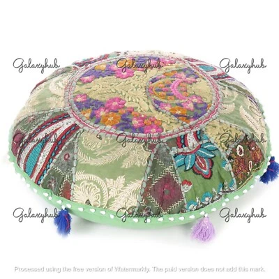 16X16" Indian Handmade Cotton Pillow Cover L Green Bohemian Floor Cushion Cover - Image 1 of 4