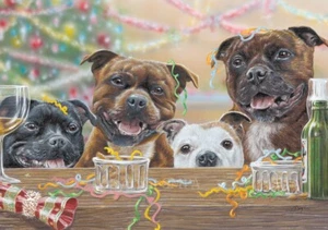Paquete de 10 tarjetas de Navidad Staffordshire Bull Terrier 'Staff Christmas Party' C721x - Imagen 1 de 2
