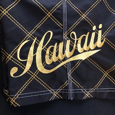 RARE OG LOCAL MOTION BOARD SHORTS HAWAII X-LONG ZIP FLY BLACK GOLD TRUE SIZE 38 - Image 1 of 4