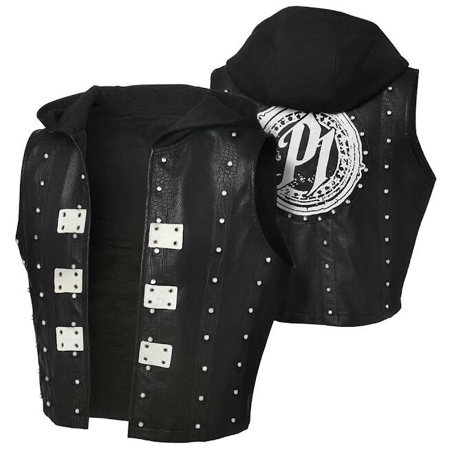 AJ STYLES HANDMADE HOODED BLACK LEATHER JACKET VEST - Image 1 of 2
