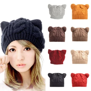 Winter Women Ear Knitted cap Beanie Twist beret Caps Wool Cat Cute Warm    Hat - Picture 1 of 21