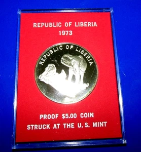 REPÚBLICA DE LIBERIA 1973 PRUEBA PLATA 5 DÓLARES MONEDA ELEFANTE ATRACTIVA - Imagen 1 de 3