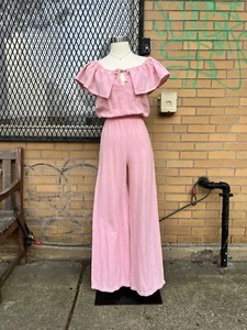 VTG 70s Pink Jumpsuit XS S Off Shoulder Wide Leg Dolly Parton Boho Romper - Picture 1 of 8