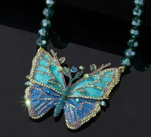 HEIDI DAUS CN SIGNED "Madame Magnificence" Butterfly Necklace BLUE AQUA CRYSTAL - Picture 1 of 6