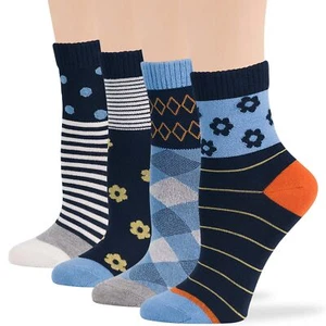 Women Bamboo Diabetic Pattern Quarter Socks Large 4 Pack Dot Argyle Blue Orange - Picture 1 of 13