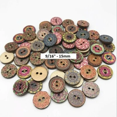 Pkg of 20 GEOMETRIC RETRO PATTERN 2-hole Wood Buttons 9/16" (15mm) Craft (1086) - Image 1 of 2
