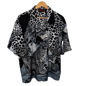 Vintage Leopard All Over Print Black White Short Sleeve Button Up Shirt Size XL - Picture 1 of 16