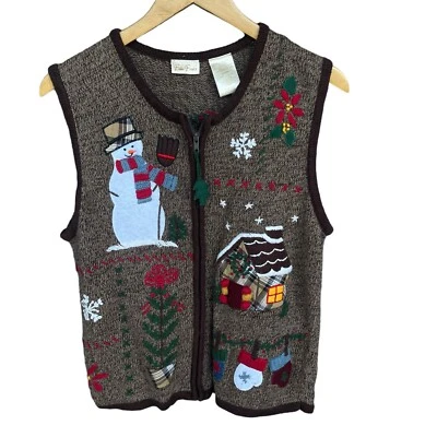 Bobbie Brooks Suéter Chaleco Mujer Pequeño Cremallera Completa Navidad Bordados Mitones Foto 1 de 4