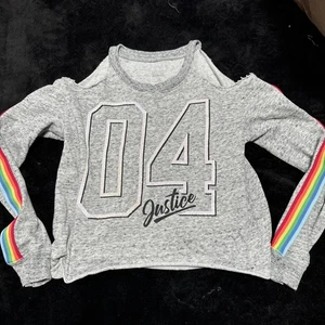 Justice Girls Size 10 Gray Long Sleeve Crop Top 04 Justice Rainbow Open Shoulder - Picture 1 of 3