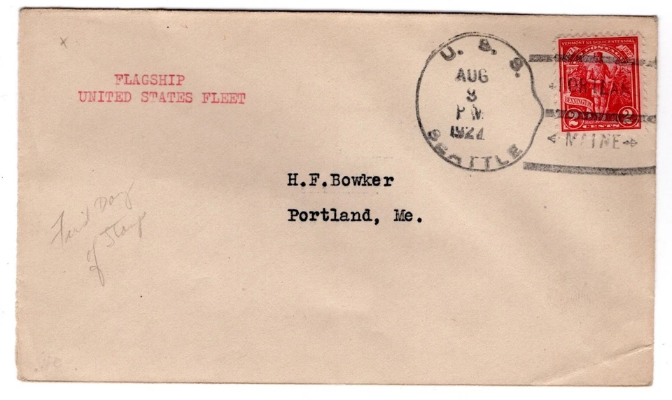 #643 Vermont Sesquicentennial 1928 FDC - Unofficial U/O U.S.S. Seattle Navy - Image 1 of 2