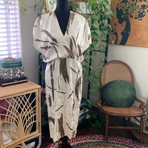 Vintage 80s Lillie Rubin Ivory & Brown Silk Brushstroke Wiggle Midi Dress - 4 - Picture 1 of 7