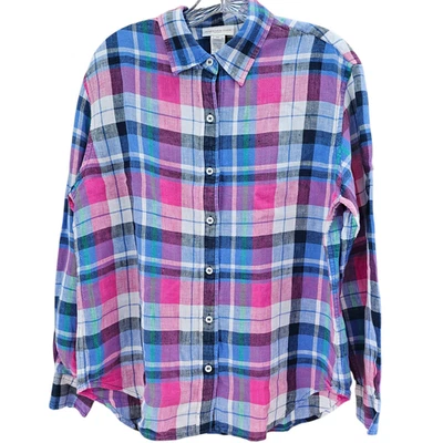 Jones New York Women's Linen Pink Blue Plaid Button Shirt Small Blouse - Image 1 of 4