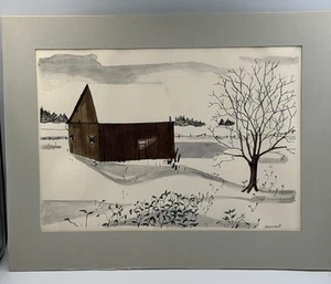 Art Watercolor Painting Artist Deneault, Barn In Winter Snow Scene With Trees - Picture 1 of 7