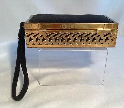 Vintage Purse Black & Gold Metal Filigree Box Rectangular Mirror Wristlet Deco - Image 1 of 4