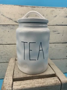 Whimsical White TEA Canister w/Lid, 6.6” Tall - Picture 1 of 6