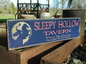 Halloween Distressed Primitive Country Wood Sign - Sleepy Hollow Tavern 6" x 20" - Picture 1 of 1