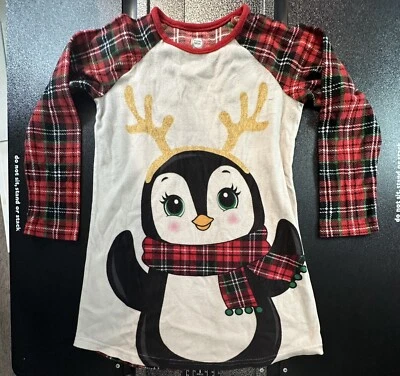 Girls 7/8 Wonder Nation Red/Black Flannel Sleep Shirt Penguin - Image 1 of 3