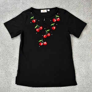 Quacker Factory Short Sleeve Pullover Shirt Black Red Green Cherries Size XS - Picture 1 of 7
