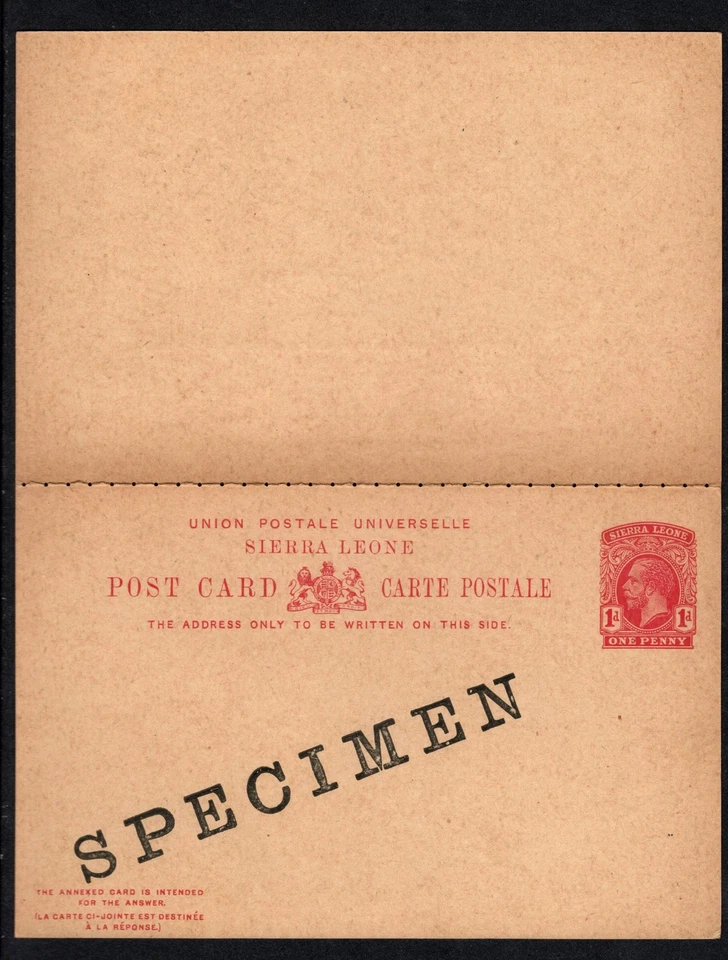 SIERRA LEONE 1912 GV - 1d + 1d superb U/M REPLYPOSTCARD "SPECIMEN"  - Image 1 of 2