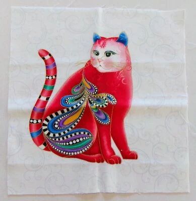 Cotton Fabric Comic Red Multi Bright Color Cat -Pic F- Cat=8 1/4" L x 6 1/4" W - Image 1 of 2