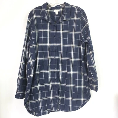 Garnet Hill Womens 18 Flannel Shirt Blue Plaid Organic Pima Cotton Long Sleeve - Image 1 of 4