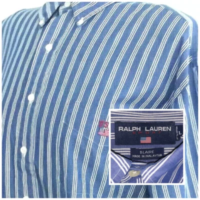 Camisa Blaire Ralph Lauren Sport L Azul Blanco Rayas Bolsillo con Bandera EE. UU. De Colección Años 90 Foto 1 de 4