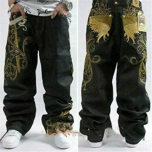 New Mens Jeans Denim Embroidery Baggy Loose Hip Hop Trousers Large Size W30-W46