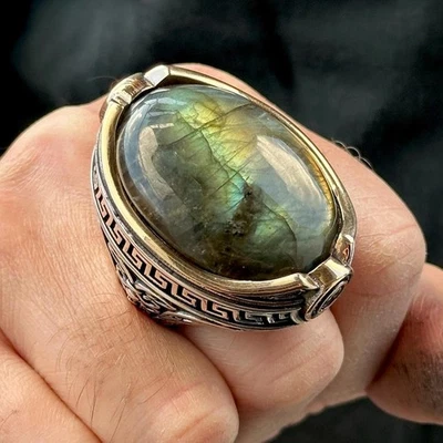 Anillo de labradorita natural turca de plata de ley 925 para hombre Foto 1 de 4