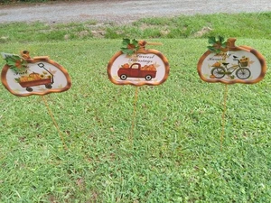 pumpkin metal garden stake decor lot of 3 - Picture 1 of 5