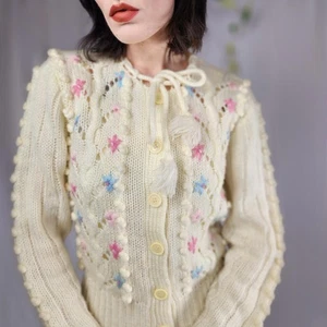 Directions Vintage Floral Embroidered Knit Cardigan Size Large Cottagecore - Picture 1 of 10