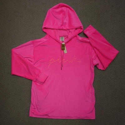 Victoria's Secret Hoodie Womens Small Atomic Pink Velour Campus Open Hem NWT - Image 1 of 4