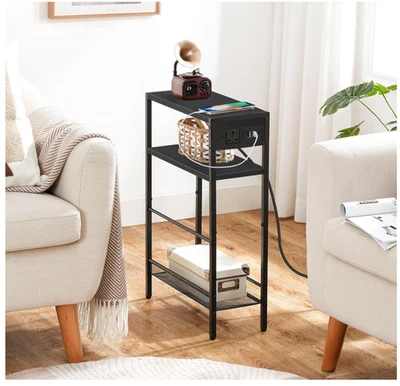 HOOBRO Slim Side Table with Charging Station Narrow End Table Bedside, Black - Image 1 of 3