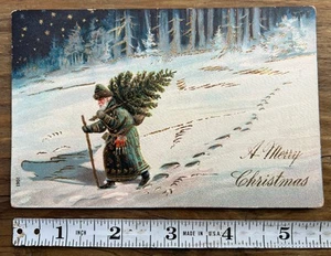 Antique Postcard Merry Christmas Blue Robed Santa Walking In Snow Germany Posted - Picture 1 of 3